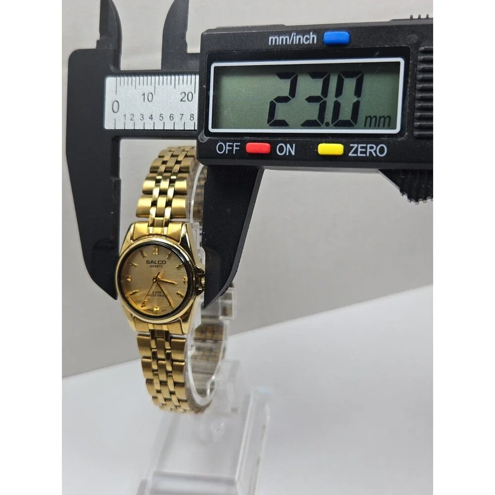 Womens Salco Gold Tone Quartz Bracelet Dress Watch Dainty Petite New Battery